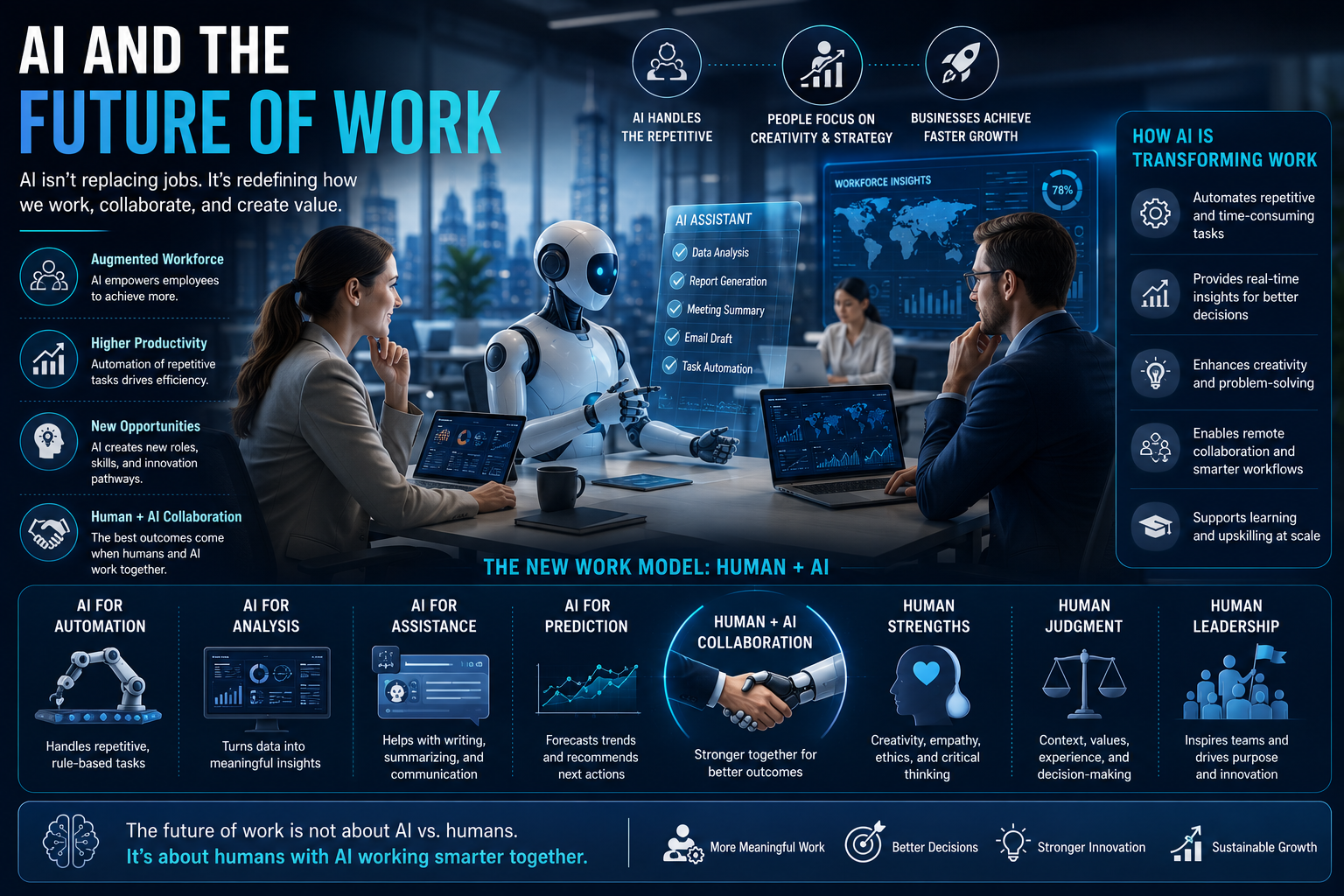 AI and the future of work — human and AI collaboration model showing augmented workforce, higher productivity and the new work model