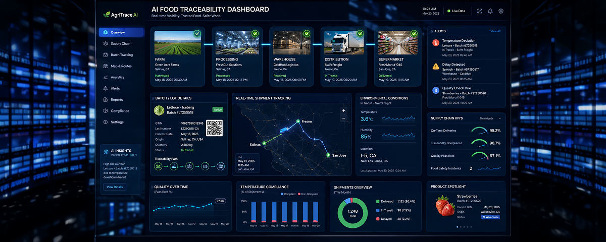 Food traceability software dashboard showing lot tracking