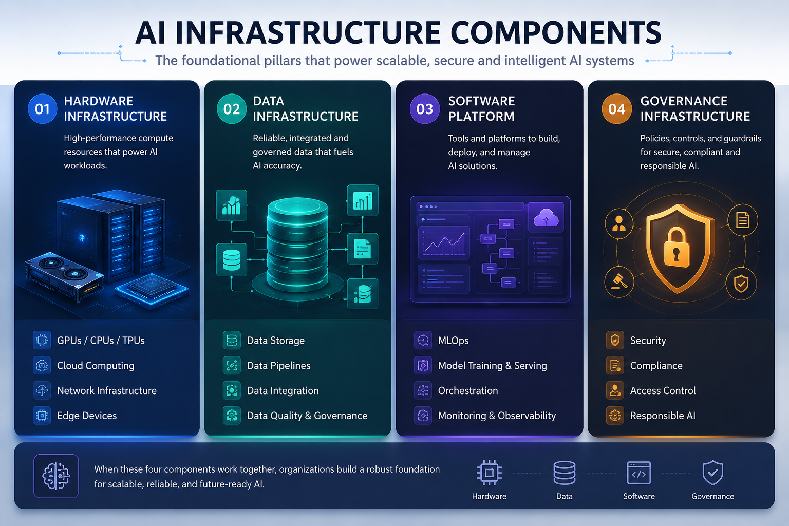 AI Infrastructure Components — Hardware, Data, Software, and Governance