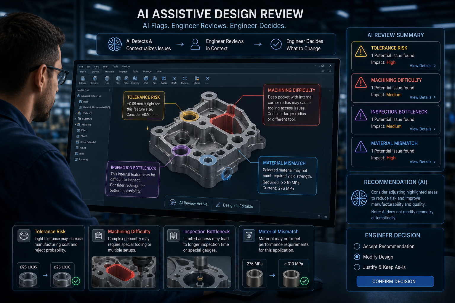 AI assistive design review dashboard flagging tolerance risk, machining difficulty, inspection bottleneck, and material mismatch on a CAD model for engineer review