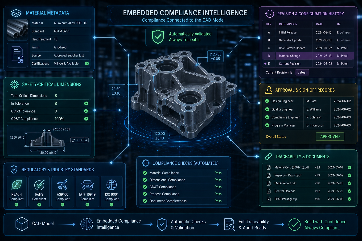 Embedded compliance intelligence showing material metadata, safety-critical dimensions, REACH RoHS AS9100 IATF 16949 ISO 9001 compliance, revision history, approval records, and traceability documents connected to a CAD model