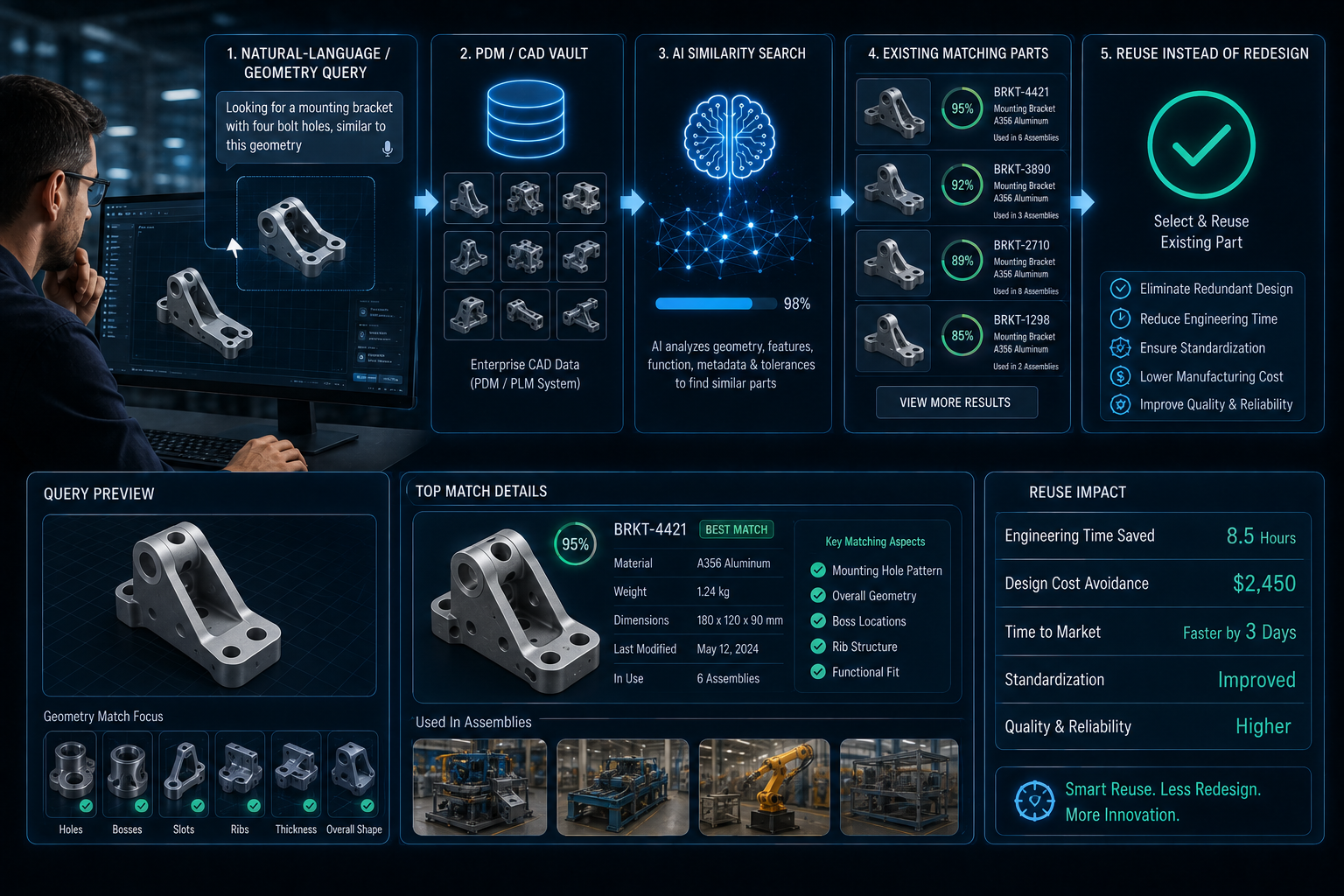 AI part search and reuse workflow showing a natural-language geometry query, PDM/CAD vault search, AI similarity matching, and existing matching parts ranked for reuse instead of redesign