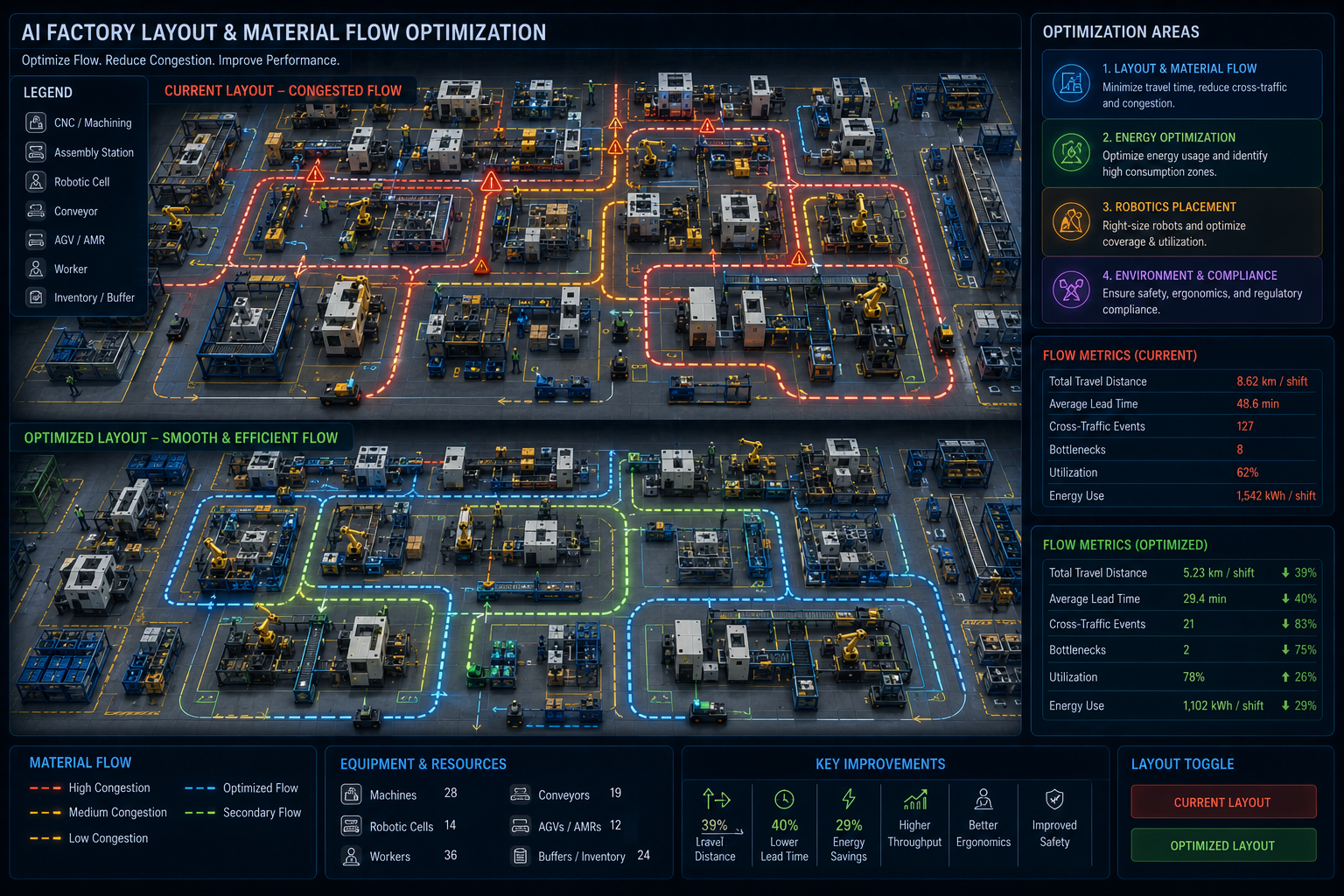 AI factory layout and material flow optimization dashboard comparing a congested current layout to an AI-optimized layout with reduced travel distance, lead time, and bottlenecks