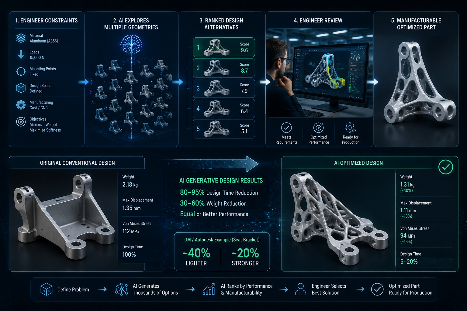Generative design and topology optimization workflow showing engineer constraints, AI-explored geometries, ranked design alternatives, and the GM/Autodesk seat bracket case study result of 40% lighter and 20% stronger