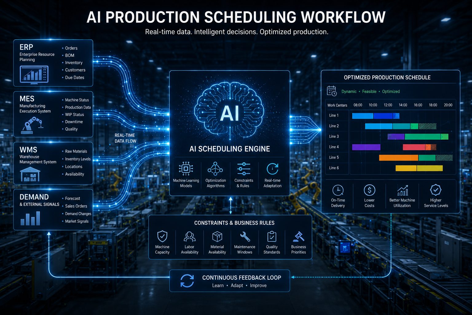 Workflow diagram of AI production scheduling pulling data from ERP, MES, WMS, and demand signals into an optimized schedule