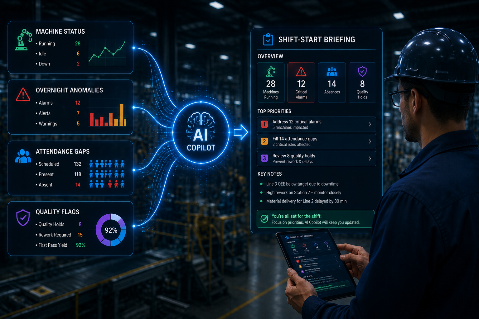 AI copilot generating a shift-start briefing dashboard with machine status, overnight anomalies, attendance gaps, and quality flags for a manufacturing supervisor