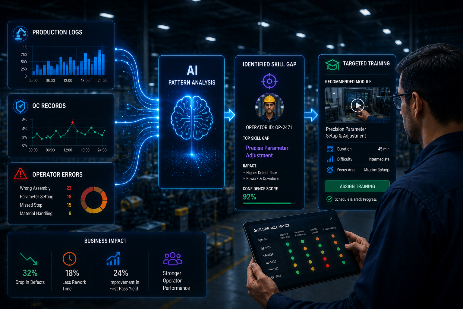 AI pattern analysis identifying an operator-level skill gap from production logs and QC records, then recommending targeted training