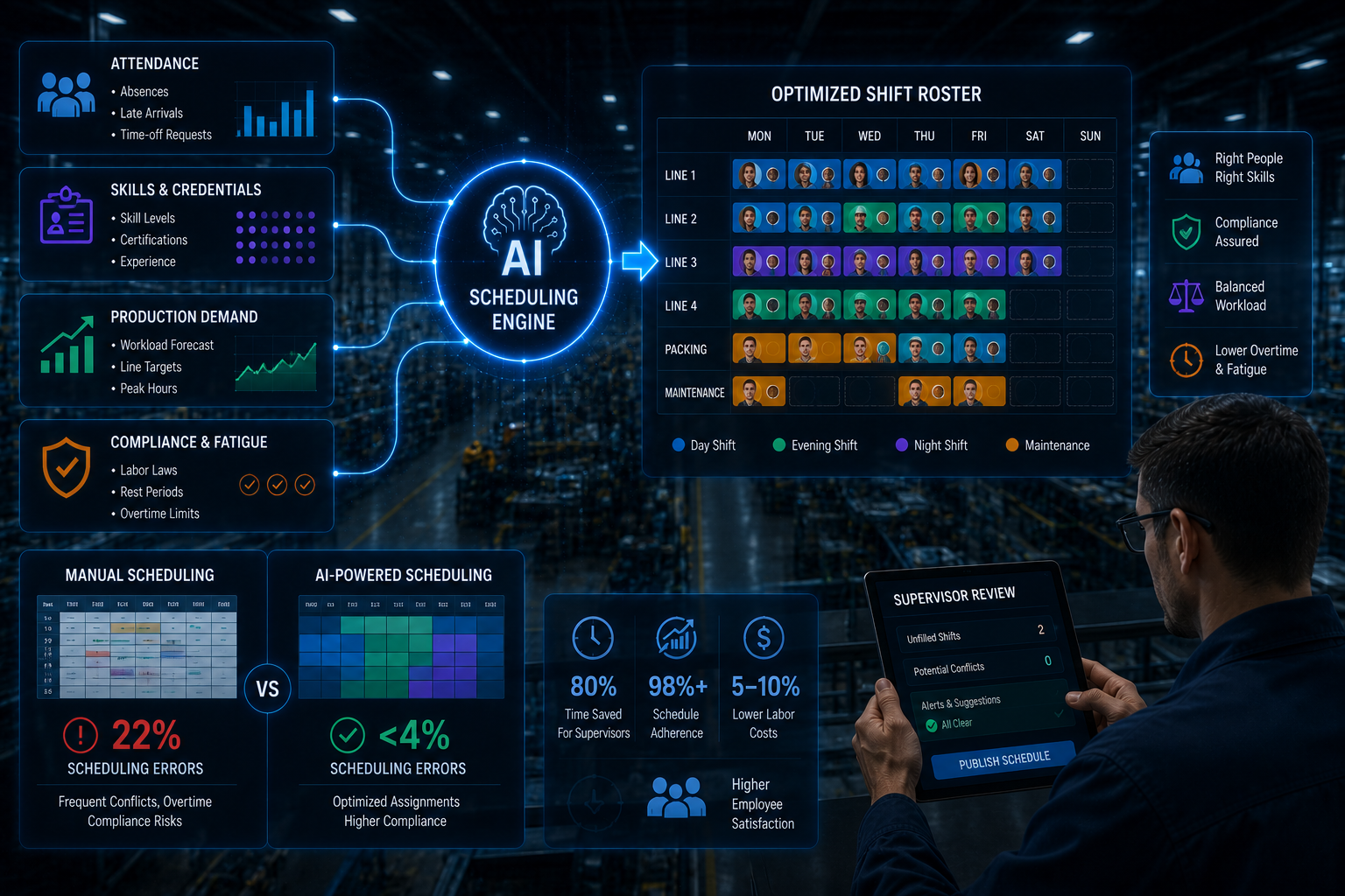 AI scheduling engine generating an optimized shift roster from attendance, skills, production demand, and compliance data, with manual versus AI scheduling error rates compared