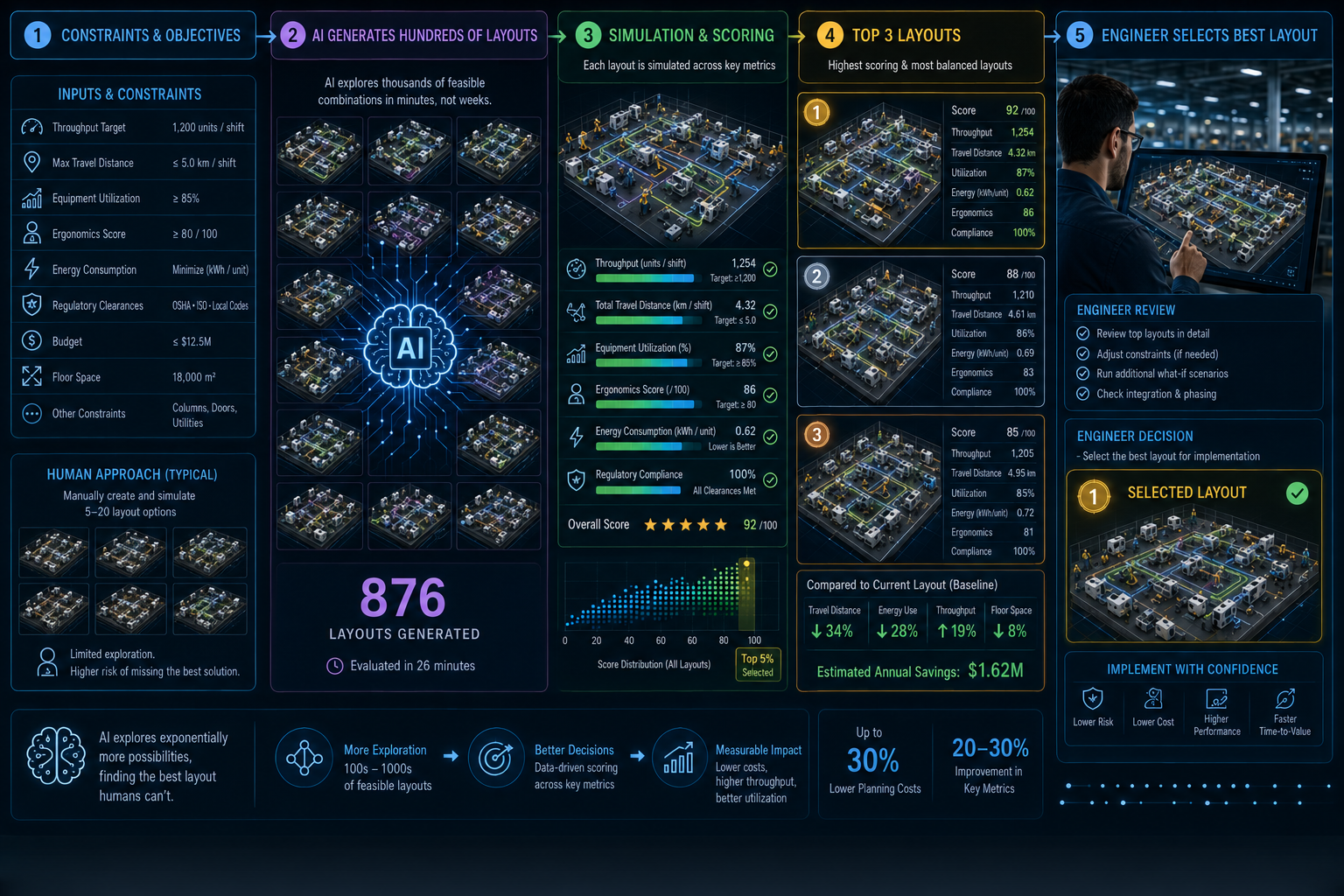 Generative AI factory layout design workflow showing constraints and objectives, AI generating hundreds of layouts, simulation and scoring, top-ranked layouts, and engineer selecting the best layout